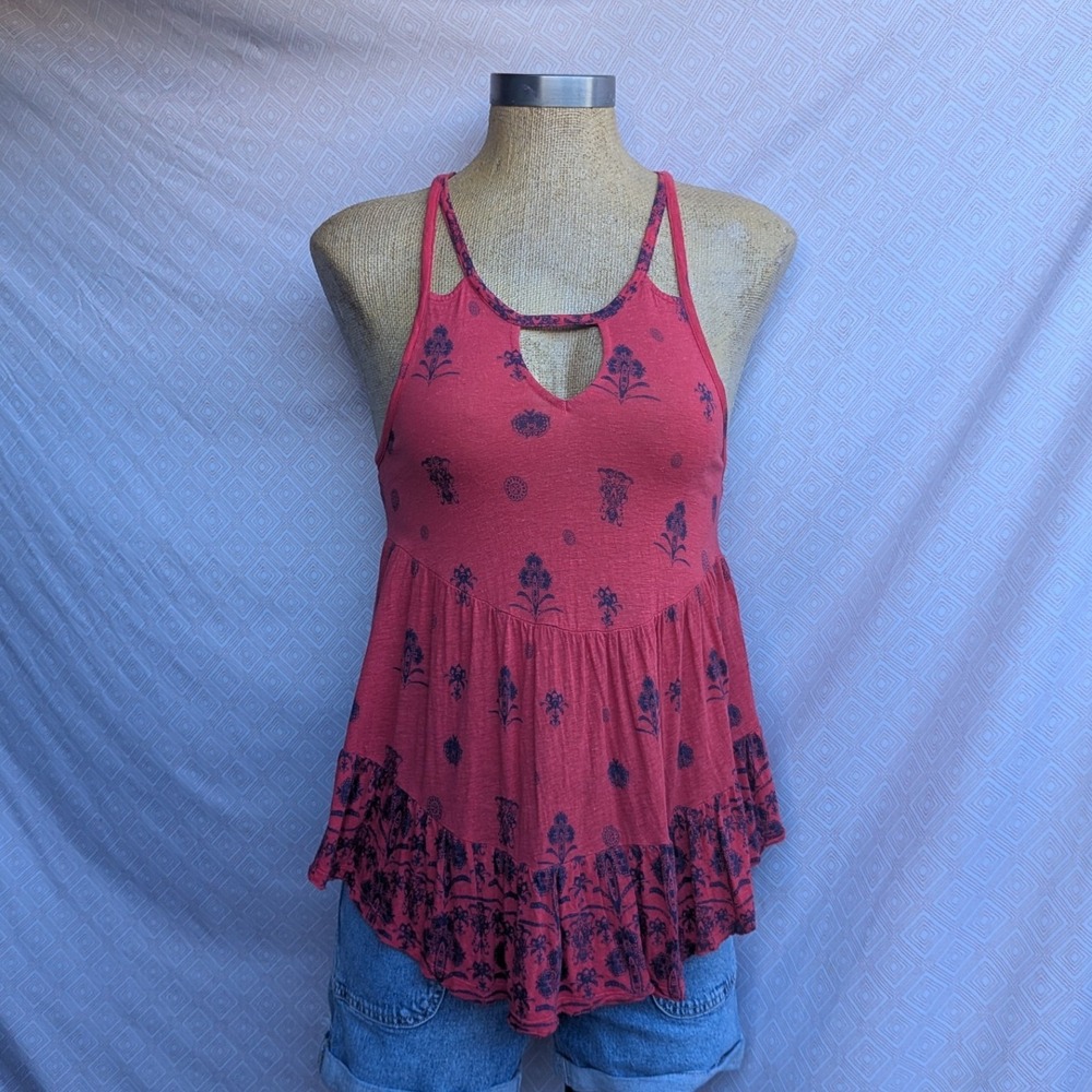 Free People Tank Top Women XS Red Excellent Floral Lace Up Racerback Babydoll
